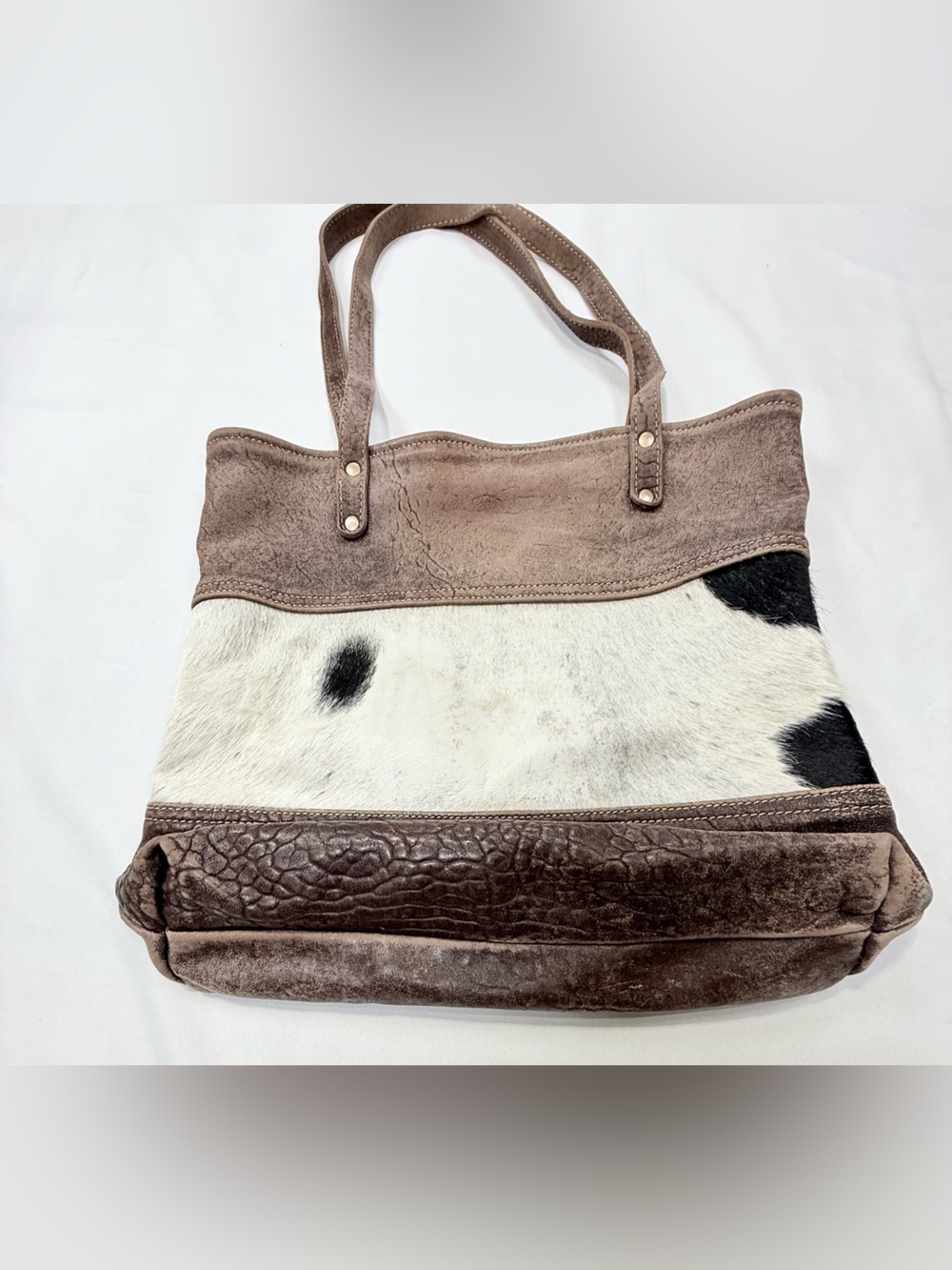 Myra Bag Taupe Suede & White Black Cowhide Tote